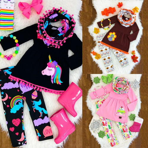 XMAS Kids Baby Girls Outfits Clothes Sets Cartoon