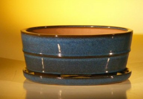 Blue Ceramic Bonsai Pot- Oval Professional Series with Attached