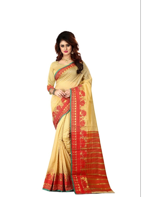 Generic Women's Cotton Silk Saree(Beige, 5.5-6