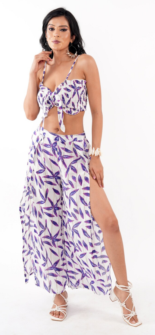 Women's Summer Wrap Trouser & Smocked Top Set Dress (Color Purple &