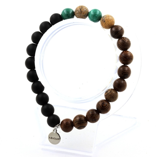 Malachite + Landscape Jasper + Matte Black Onyx + Wood Bracelet 