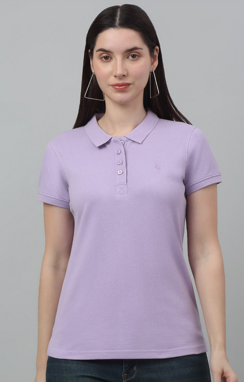 Women Solid Polo Collar T-shirt (ColorLavender) (Size M)