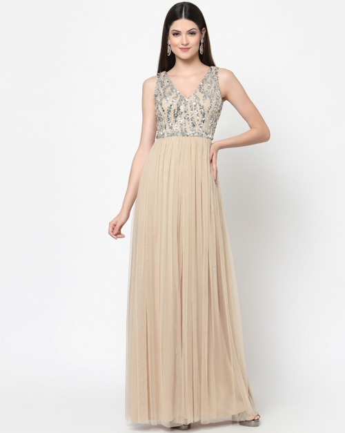 Embellished Fit & Flare Dress (Size-XL) (Color-BEIGE)