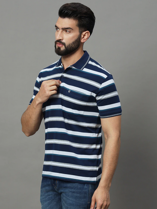 Men Striped Short Sleeve Polo T-Shirt (Size-Xl) (Color-Navy Blue)