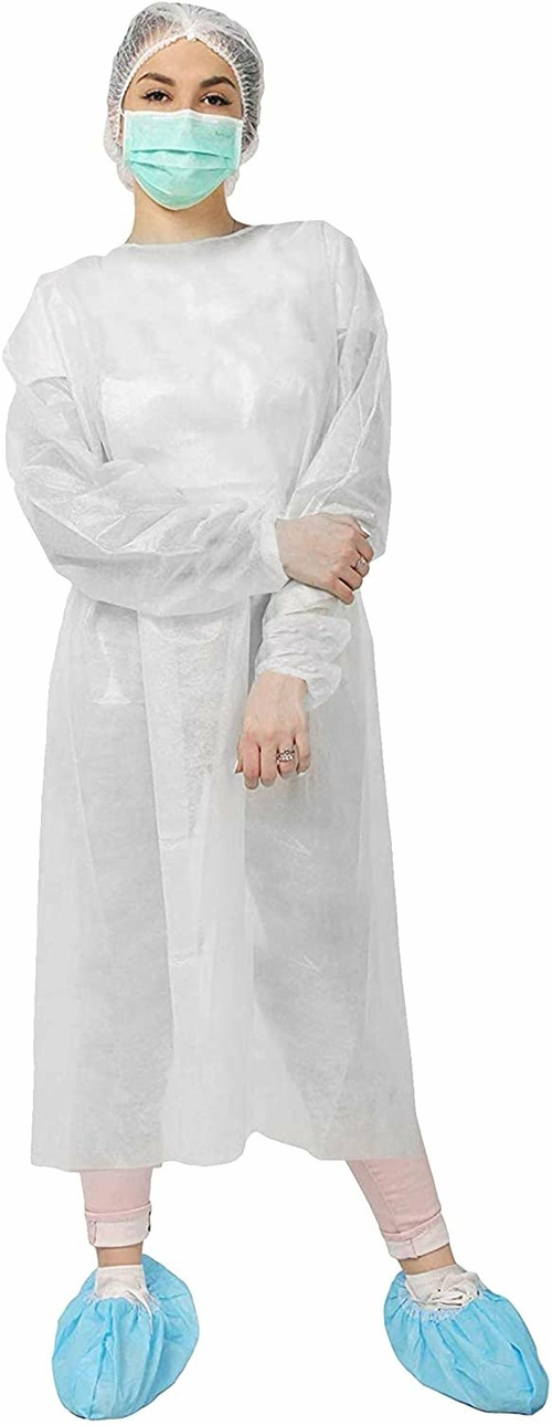 Isolation Gowns White, 45" long. Pack of 10 Disposable Gowns X-Large.