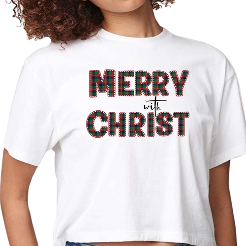 Womens Cropped Graphic T-shirt - Merry with Christ - Red and Green