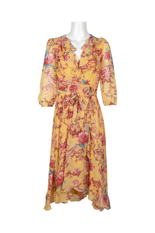 Gabby Skye V-Neck 3/4 Sleeve Tie Waist Floral Print Chiffon Dress