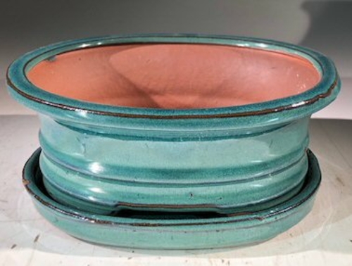 Blue / Green Ceramic Bonsai Pot -OvalWith Humidity Drip Tray7" x 5.5"