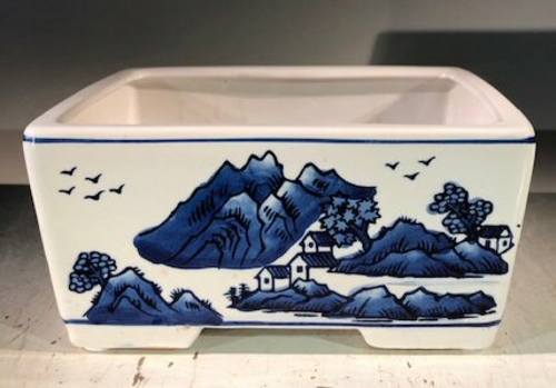 Blue on White Porcelain Bonsai Pot - Rectangle 8.5" x 6.5" x 4"