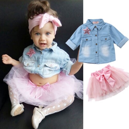 Kid Baby Girls Jeans Denim Tops Lace Bowknot Skirt