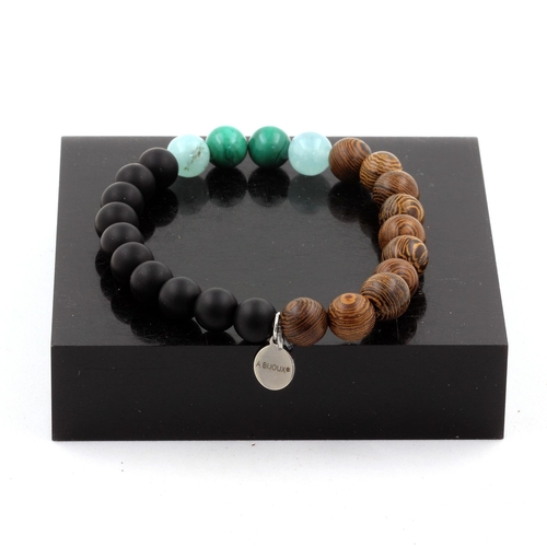 Malachite + Angelite + Matte Black Onyx + Wood Bracelet 8 mm Beads.