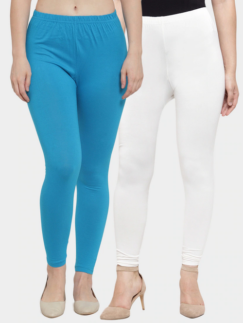Women's Solid Ankle-Length Leggings (Pack of 2)(SizeS)(ColorBlue &