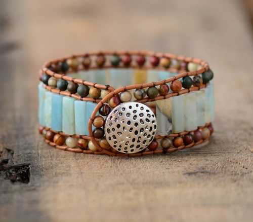New Cuff Bracelet Unique Amazonite Leather Wrap