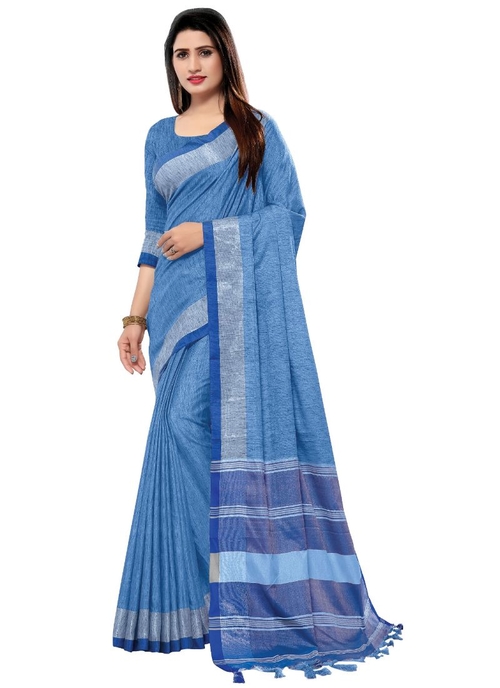 Generic Women's Blended Cotton Linen  Saree (Blue,