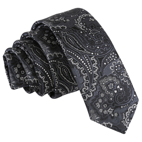 Royal Paisley Skinny Tie - Black & Silver