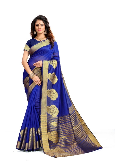 Generic Women's Cotton Silk Saree(Blue, 5.5-6 Mtr)
