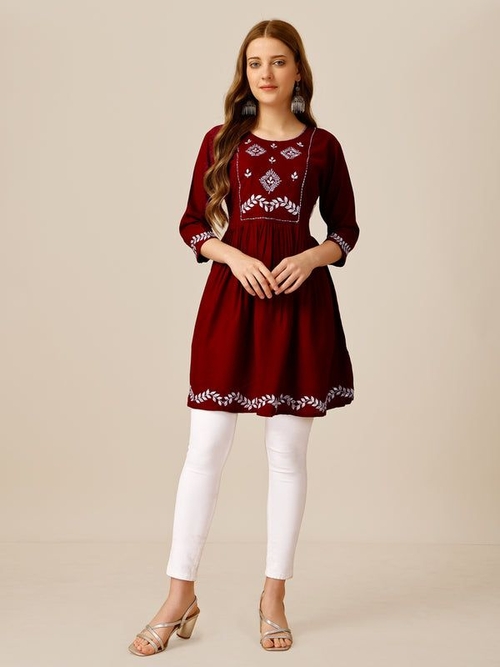 Women Embroidered Rayon Top (Size-42) (Color-MAROON)