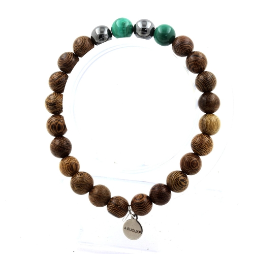 Malachite from Congo + Lavender Chalcedony + wood Bracelet 8 mm Beads.
