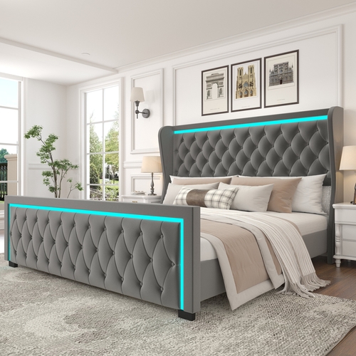 King Platform Bed Frame With High headboard, Velvet Upholstered Bed