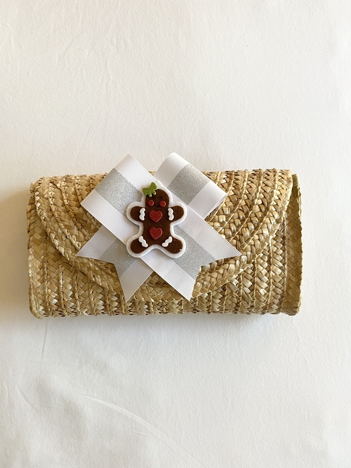 Gingerbread Man Straw Clutch with White Sparkle Bow