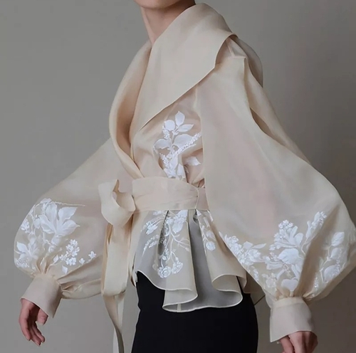 Minimalist Vintage Print Embroidery Shirt Organza For Women 