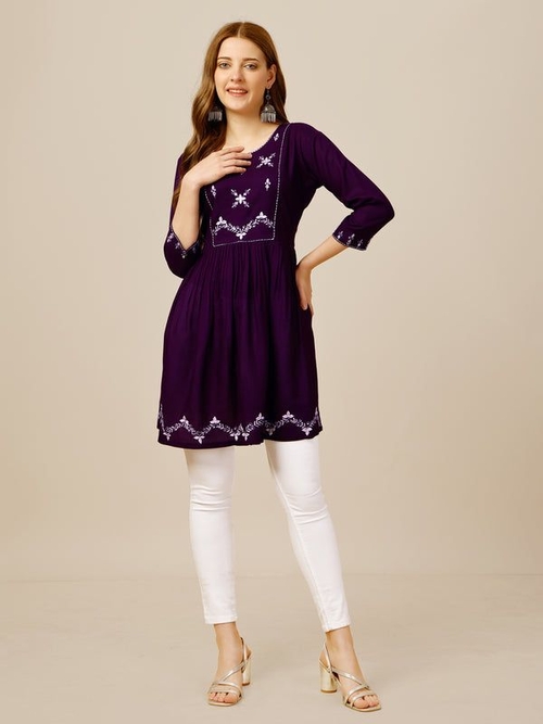 Women Embroidered Rayon Top (Size-38) (Color-PURPLE)