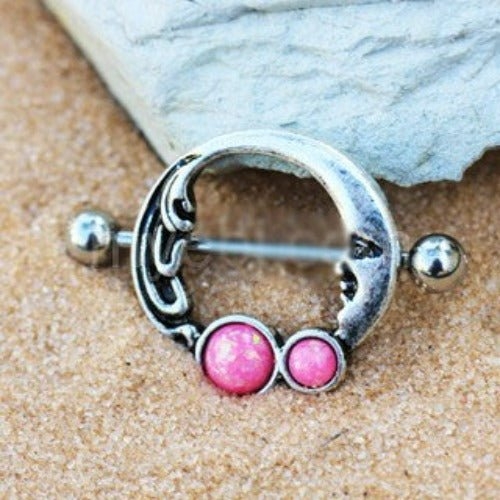 316L Stainless Steel Crescent Moon Nipple Ring with Pink Synthetic