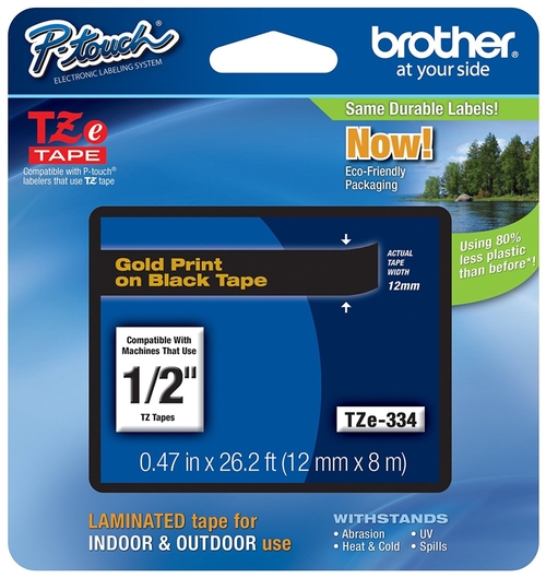 Brother Printer TZe334 P-touch, Gold on Black Standard Laminated T