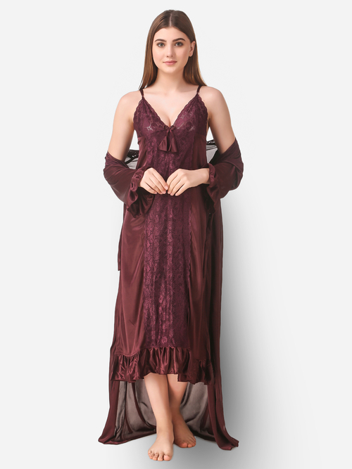 Romaisa Women's Satin Solid Brown Maxi Length Nighty with Robe