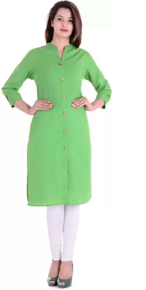 Women Solid Cotton Silk Straight Kurta  (Green) Size L
