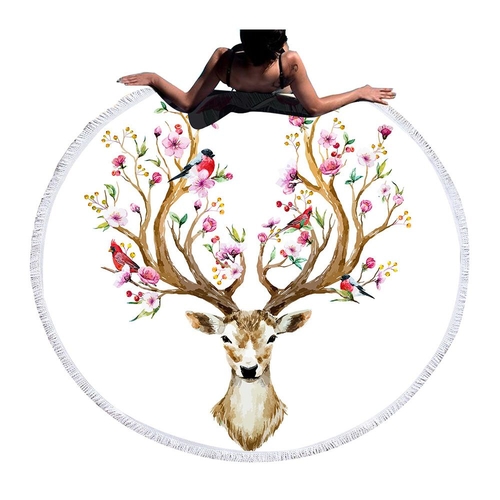 Elk Round Beach Towel Floral Moose Tassel Deer