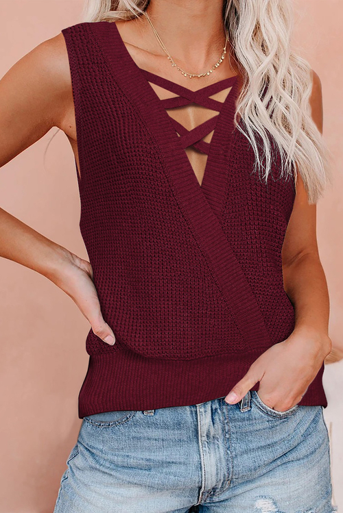 Wine Red Crisscross Hollow-out Knit Tank Top