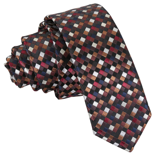 Chequered Geometric Skinny Tie - Black with Bronze, Silver and Red