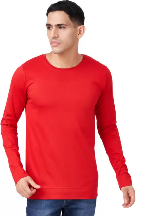 Men Solid Full Sleeves Round Neck Cotton Red T-Shirt (Size M)