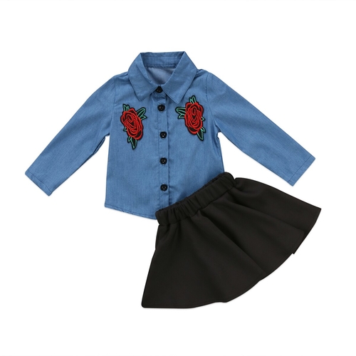 Spring Denim Black 2Pcs Kids Baby Girls Rose