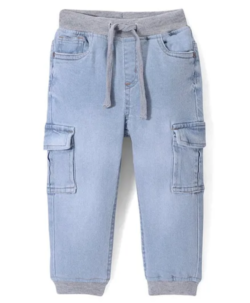 Denim Washed Full Length Joggers with Stretch Solid Colour - Blue