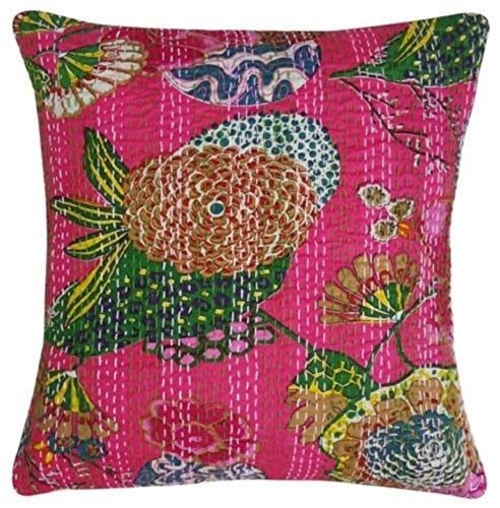 Cotton Kantha Embroidery Cushion Cover (16x16-inches) (Set of 1, Pink)