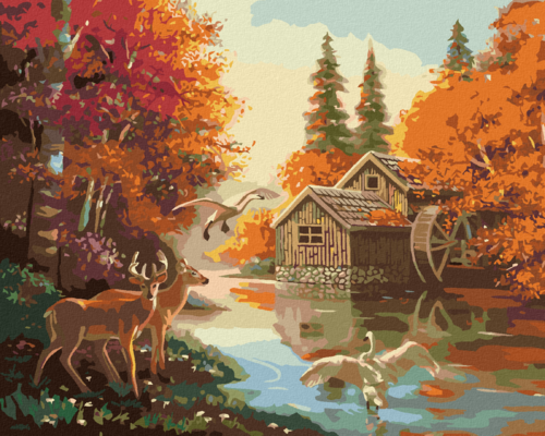 Zuty - Paint by Numbers - WATER MILL AND WILD ANIMALS (D. RUSTY RUST),