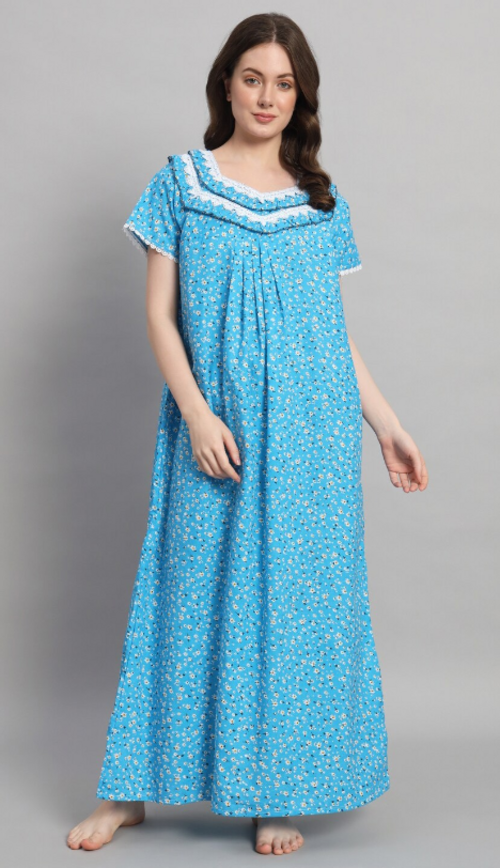 Women Floral Printed Pure Cotton Maxi Nightdress Sky Blue(Size XL)