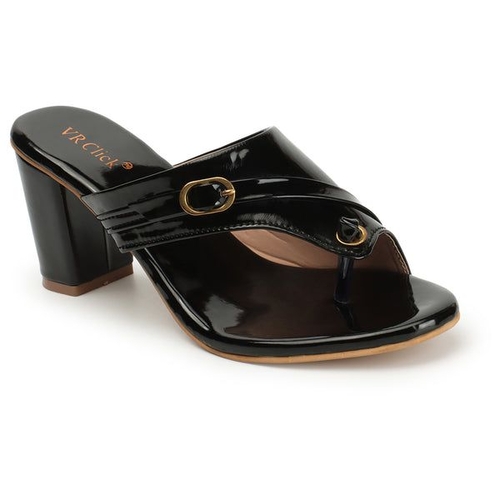 Open-Toe Chunky Block Heeled Slippers (Size-40) (Color-BLACK)