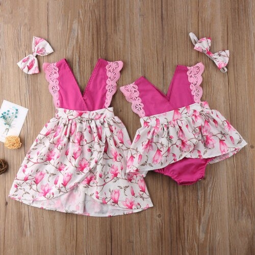 Newborn Kids Baby Girl Sister Matching Lace Floral