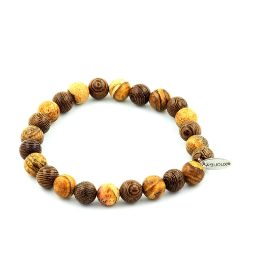 Jasper Landscape + wood Beads Bracelet 8 mm.