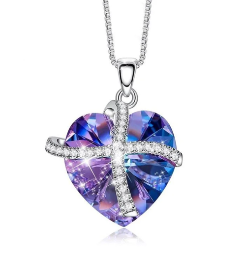 Austrian Crystal Purple Passion Pave Heart Ribbon Necklace