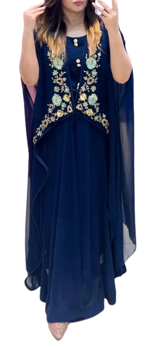 Women's Designer Handwork Gown With Shrug (Color Navy Blue) (Size 38)