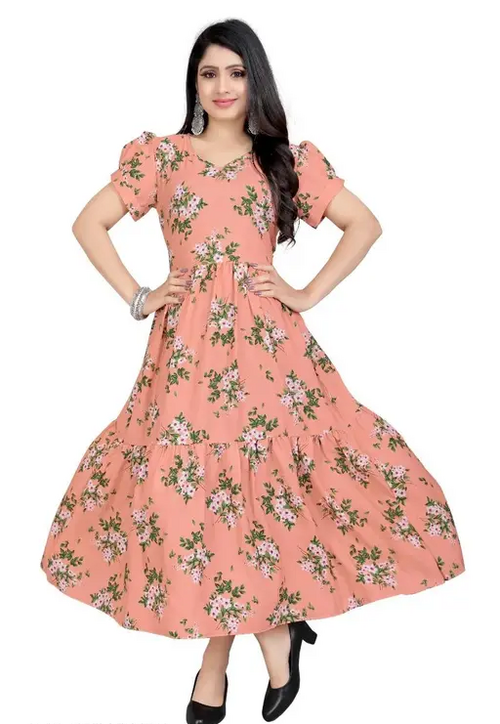 Women's Printed Crepe Anarkali Kurta (Peach) (Size XL)