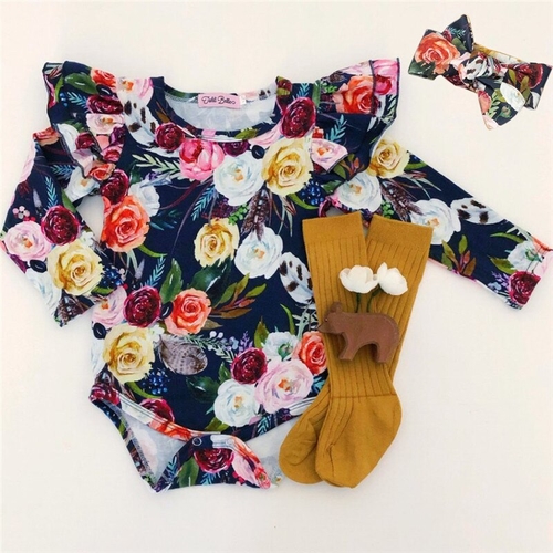 2Pcs Newborn Plain Autumn Baby Girl Sweet Floral