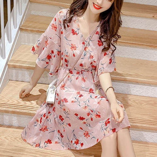 Women Chiffon Floral Dress V Neck A Line