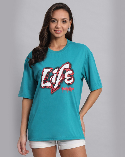 Women Typographic Print Crew-Neck T-Shirt Teal