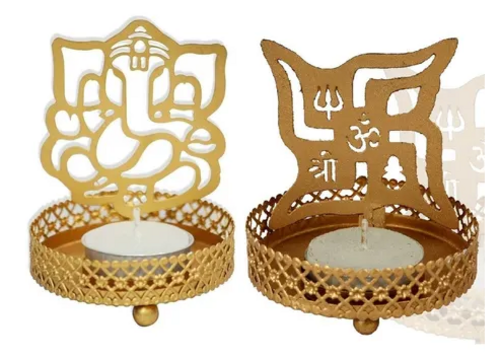 Golden Shadow Ganesh And Swastik Ji Tealight Candle Holder Combo