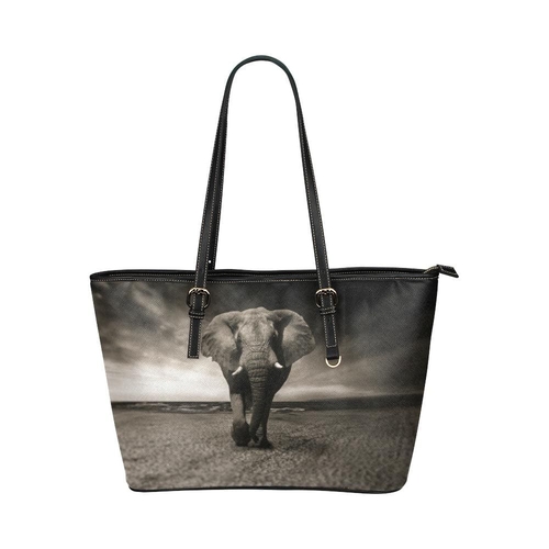 Large Leather Tote Shoulder Bag - Vintage Grey Elephant Illustration